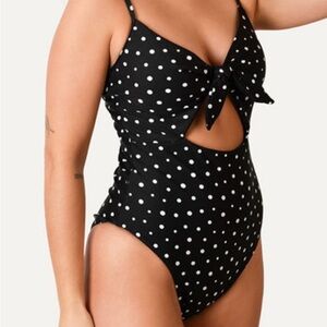 Glamorous Black & White Polka Dot One-Piece with Front Tie